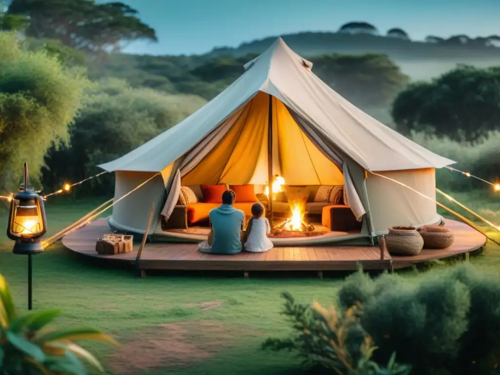 Glamping de lujo en Uruguay: Familia feliz junto a fogata Una familia disfruta del glamping en Uruguay con niños alrededor de la fogata