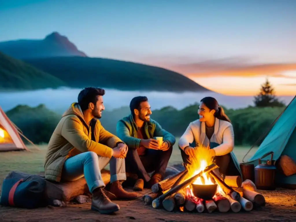 Vínculos familiares en la naturaleza: fogata y cuentos al atardecer Familia uruguaya compartiendo historias alrededor de fogata, reflejando el estilo de vida familiar camping en Uruguay