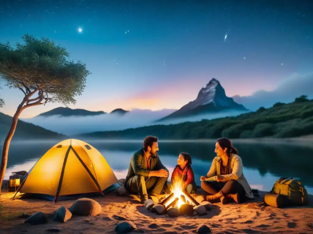 Encanto familiar: noche de juegos alrededor de la fogata en Uruguay Familia disfruta juegos de mesa en camping en Uruguay, unidos alrededor de fogata nocturna