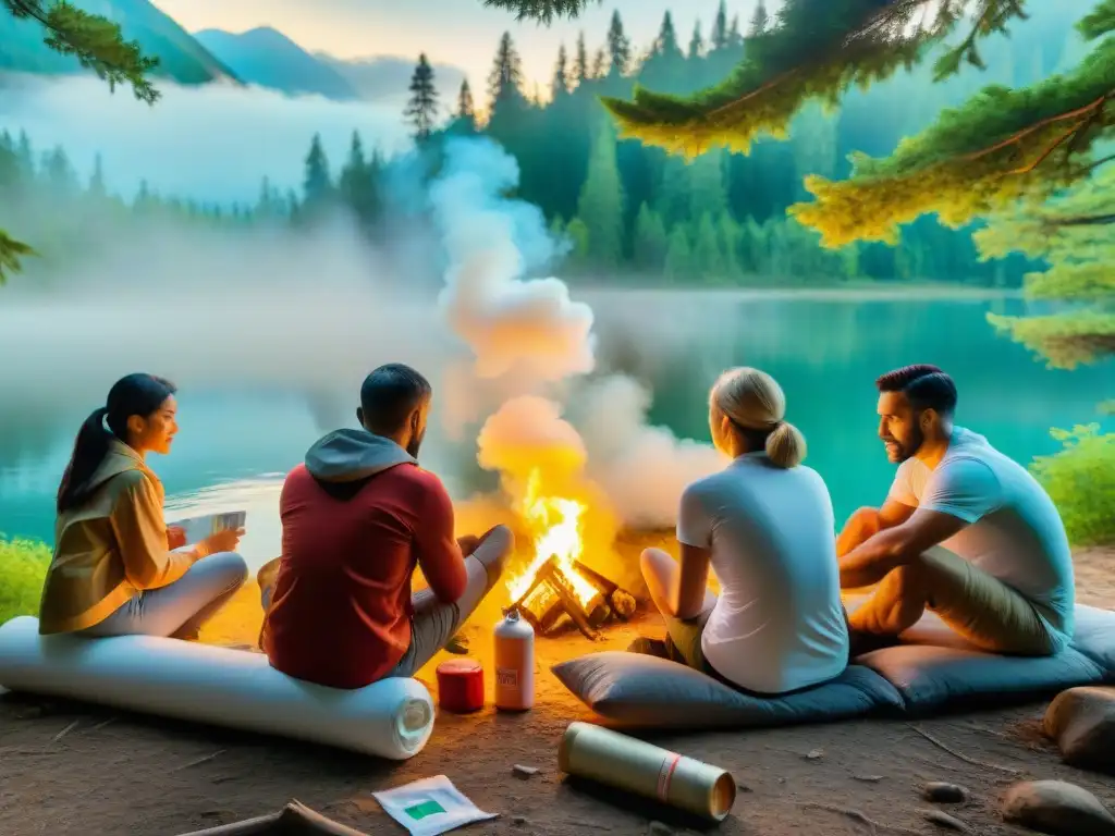 Demostración de primeros auxilios en familia en el bosque Una familia en el bosque usa un kit supervivencia personalizado para camping, curando una herida en la rodilla de un niño