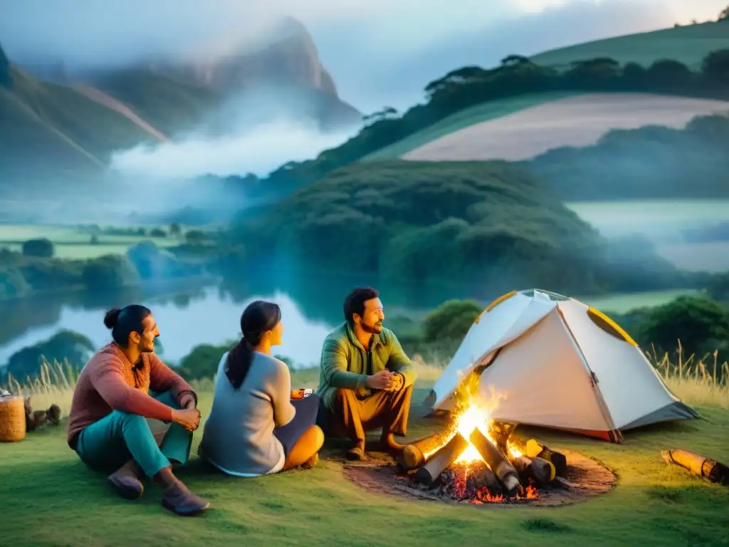 Familia uruguaya compartiendo mate alrededor del fogón en la naturaleza Familia uruguaya comparte mate alrededor de fogata en campamento, conectados con la naturaleza