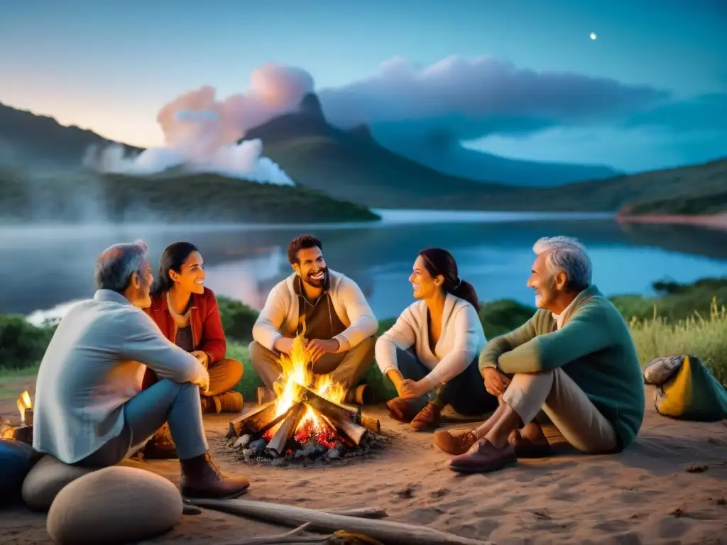 Reunión familiar alrededor de la fogata en Uruguay Una familia uruguaya multigeneracional disfruta de una noche de camping, compartiendo historias alrededor de la fogata