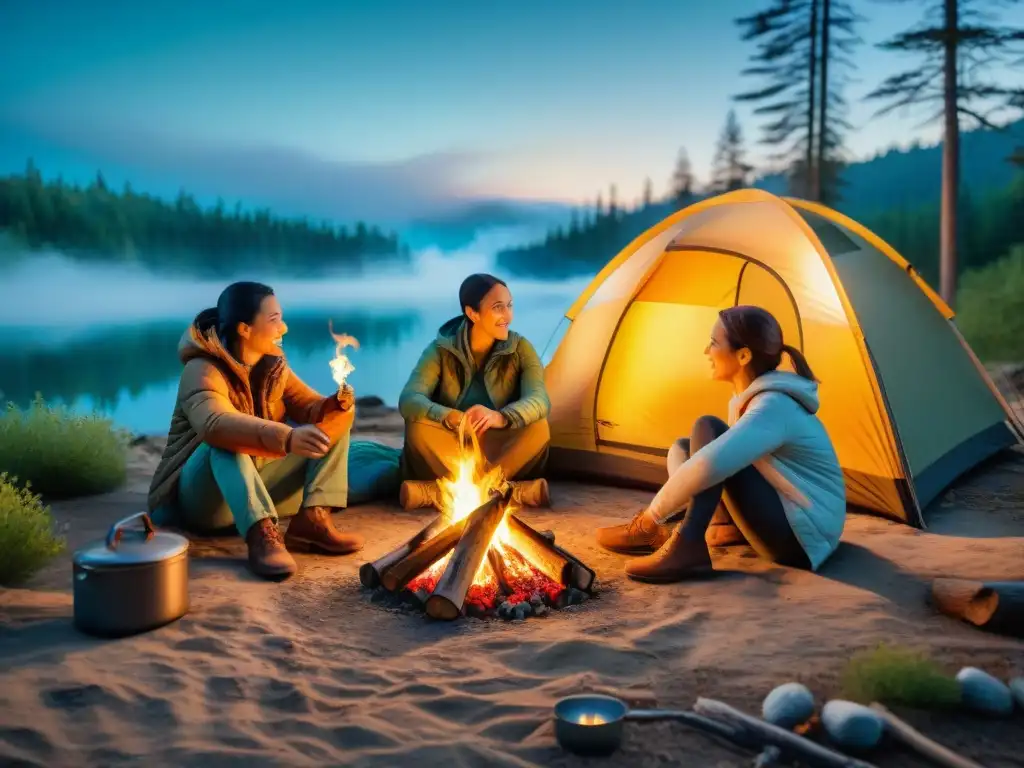 Magia nocturna en familia: historias alrededor de la fogata Una familia disfruta de una noche de camping alrededor de una fogata en el bosque