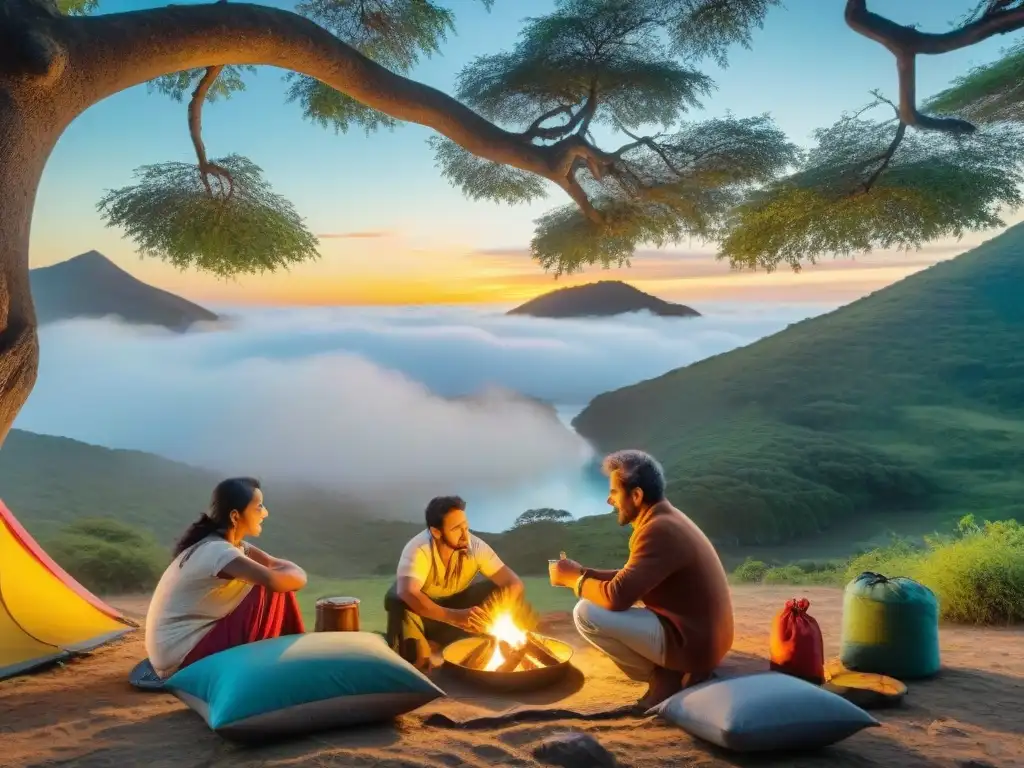 Escena familiar en Laguna Garzón: tradición camping uruguaya Una familia uruguaya tradicional montando un campamento junto a Laguna Garzón al atardecer, en la tradición de camping en Uruguay