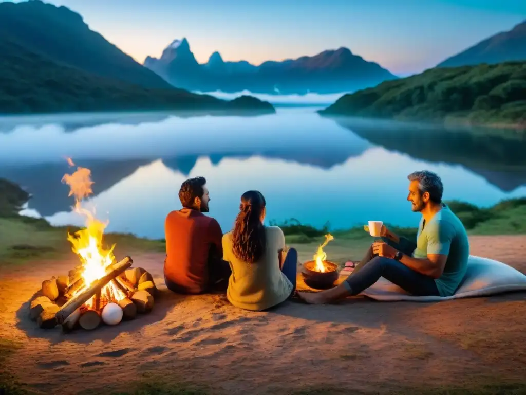 Tradicional reunión familiar uruguaya alrededor de la fogata Una familia uruguaya tradicional disfruta de un fogón al atardecer, asando malvaviscos y tomando mate junto al lago