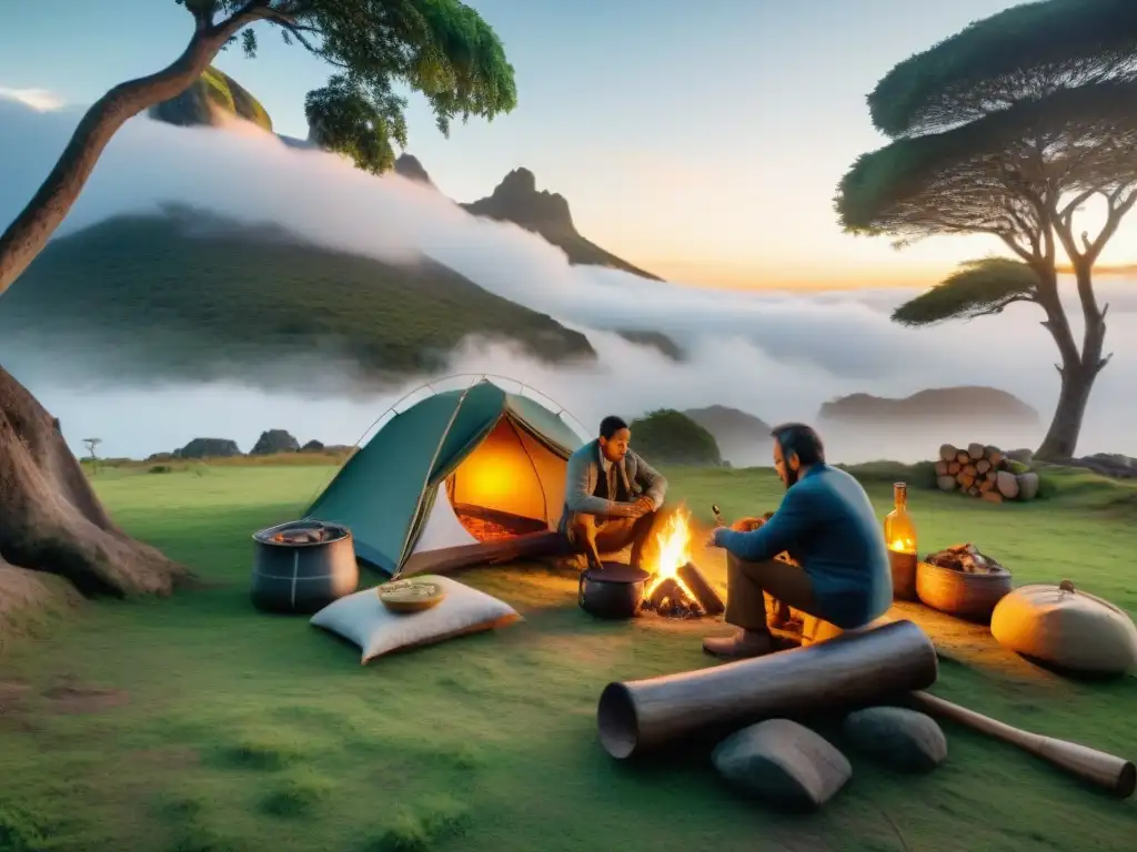 Vida campestre en Uruguay: tradiciones y comunidad Una familia uruguaya monta un campamento en el campo, mostrando la autenticidad de las tradiciones de camping en Uruguay