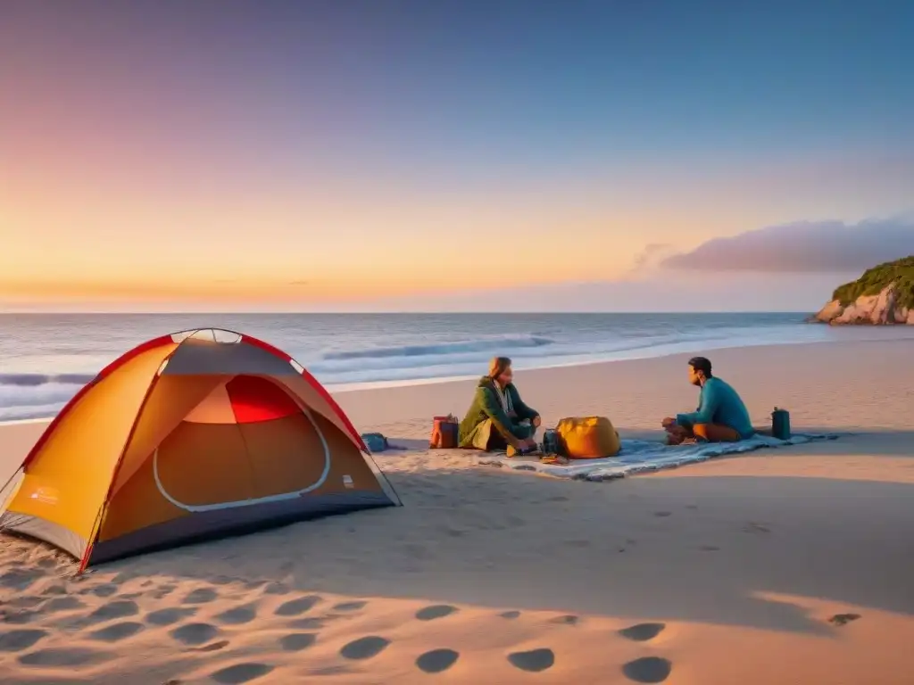Campamento familiar al atardecer en la playa de Uruguay Familia y viajero disfrutan campamento en la playa al atardecer en Uruguay