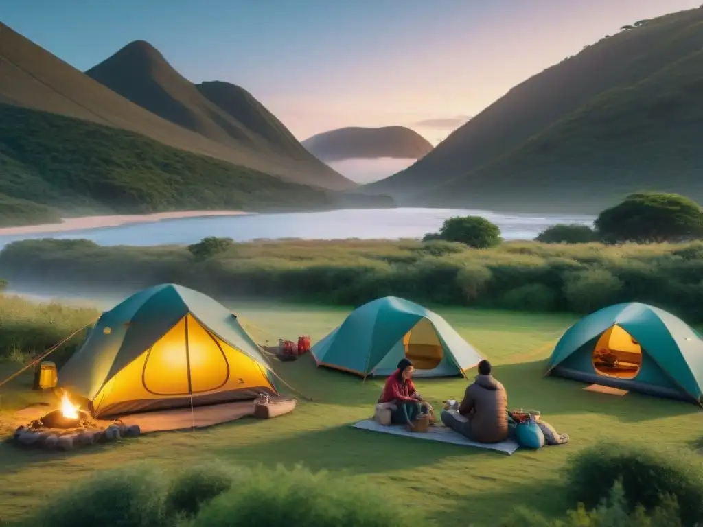 Campamento ecológico en Uruguay: familias disfrutan de la naturaleza Familias campistas disfrutan del camping responsable en Uruguay, con actividades ecoamigables en un entorno natural sereno al atardecer