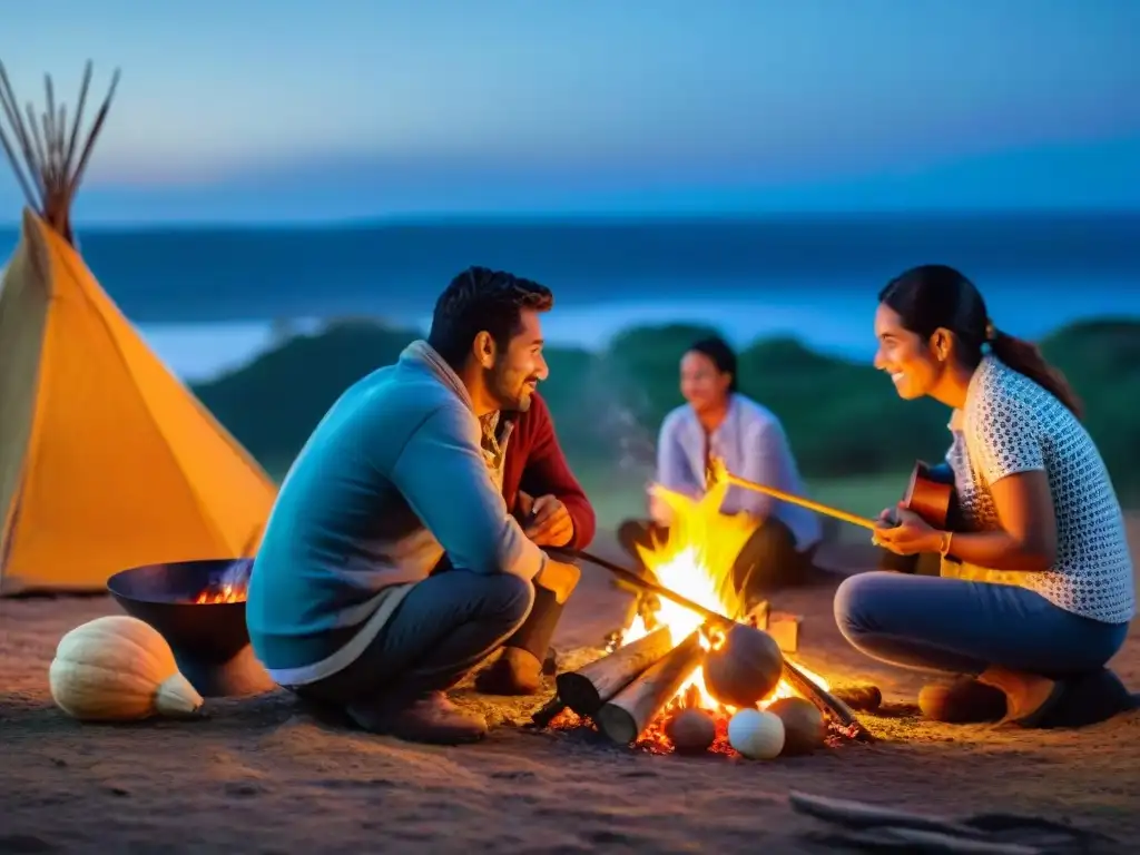Reunión familiar uruguaya alrededor del fogón Familias uruguayas comparten historias alrededor de fogata, reflejando el impacto cultural del camping en Uruguay