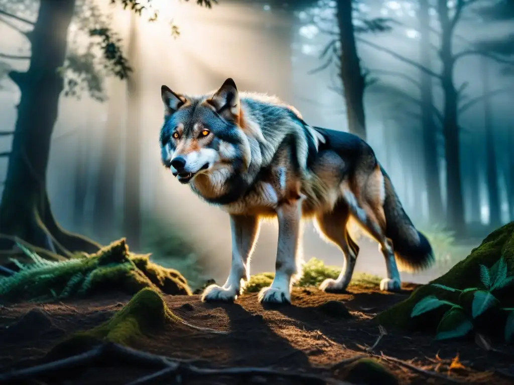 El Lobizón: criatura mítica uruguaya surcando la noche Criatura fantástica de la tradición uruguaya, lobizón, con aspecto de lobo, ojos brillantes y postura amenazante en el bosque nocturno