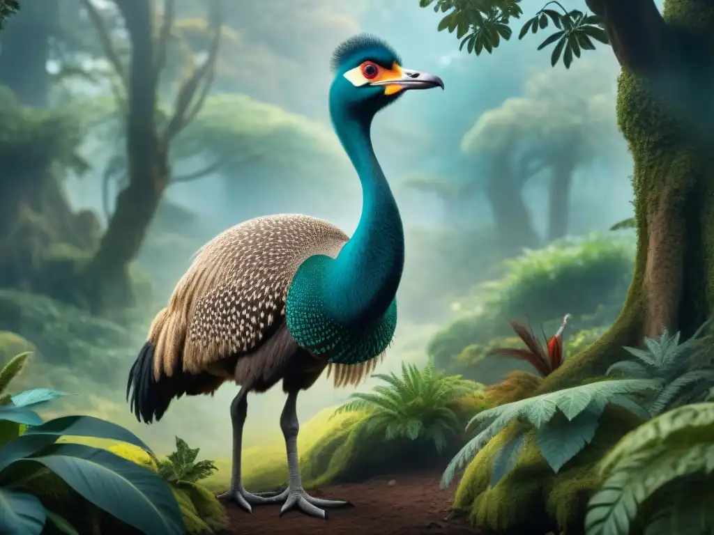 ÑandúCoré: Criatura mística en bosque encantado Criatura fantástica de la tradición uruguaya, ÑandúCoré, en místico bosque exuberante