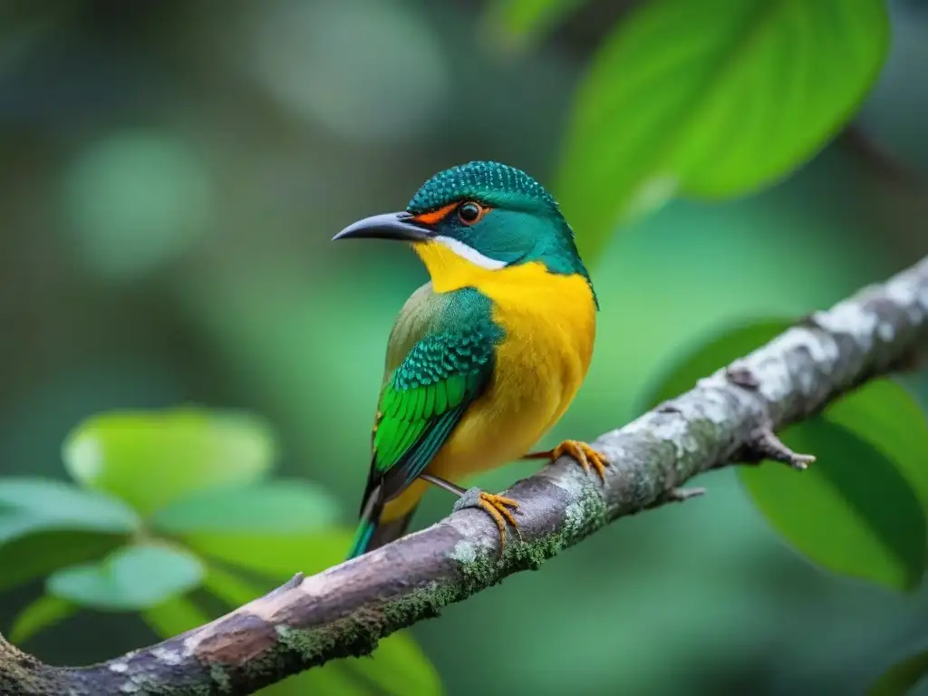 Detalles deslumbrantes de Tijereta en la selva uruguaya Fotografiar fauna uruguaya: Detalle de Tijereta posada en rama en selva uruguaya, plumaje verde y amarillo vibrante