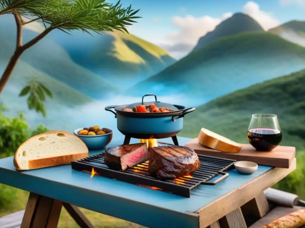 Exquisita parrillada uruguaya al aire libre: carne, guiso y vino Un festín al aire libre con gastronomía típica camping Uruguay: parrilla, guiso, pan y vino, rodeados de naturaleza y amigos