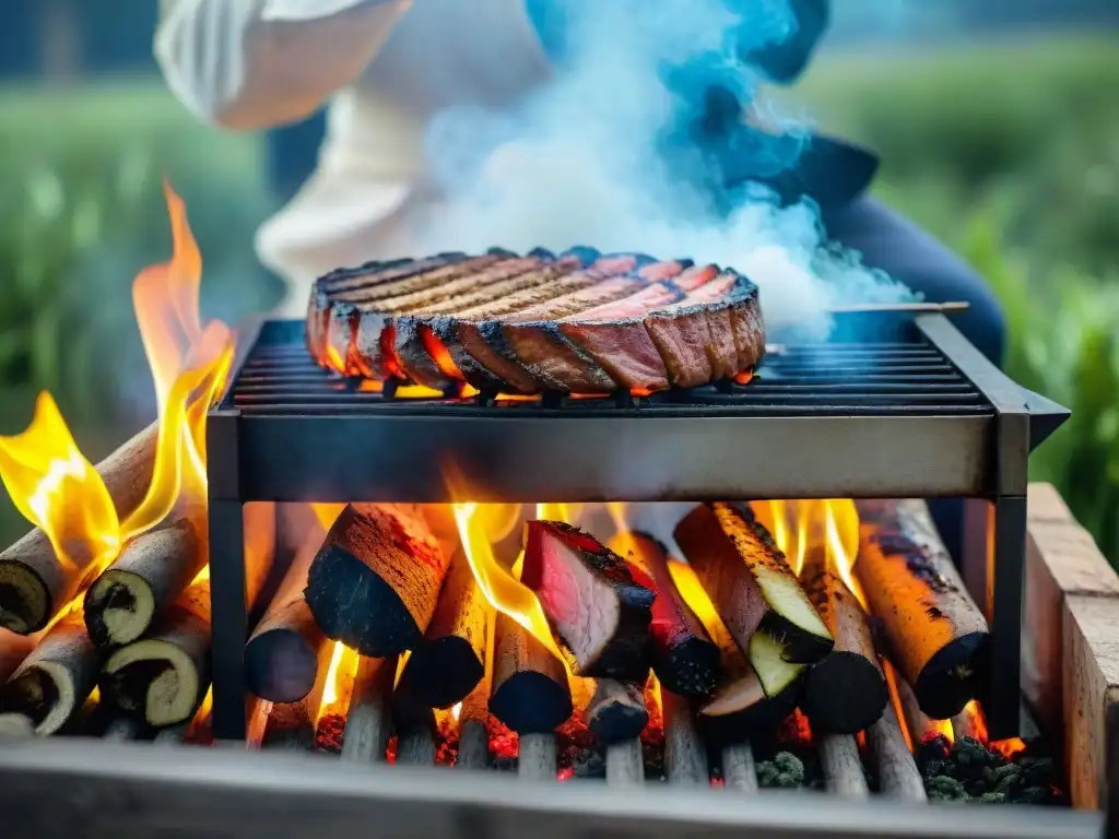 Delicioso asado uruguayo al aire libre: carne, hierbas y especias Un festín al aire libre con las mejores especias para cocina camping, en un entorno tradicional uruguayo