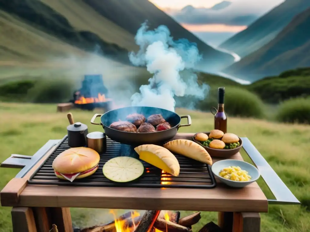 Experiencia gastronómica uruguaya en glamping de lujo Un festín de platos típicos de Uruguay en un lujoso camping, con campistas felices alrededor de una parrilla humeante