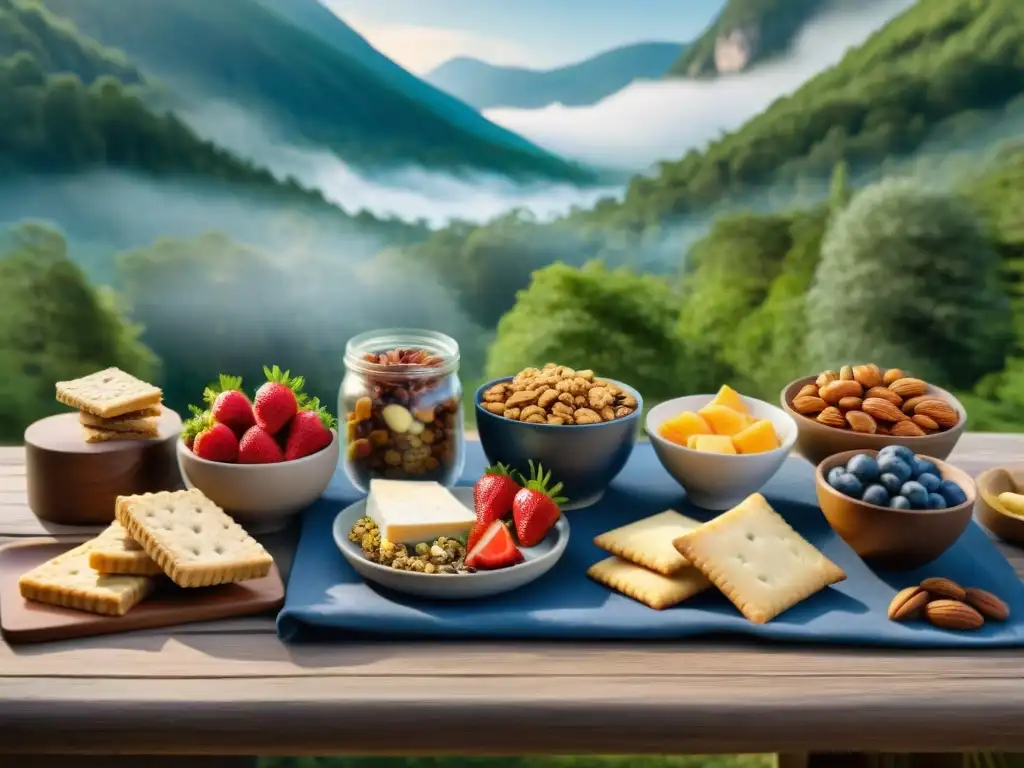 Delicias gourmet en el bosque: snacks naturales para acampar Un festín de snacks saludables para camping en Uruguay, rodeado de naturaleza exuberante