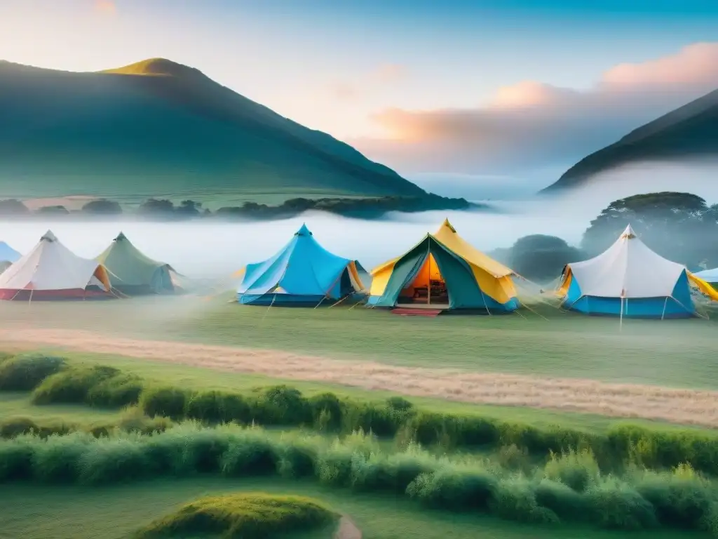Festival ecológico en Uruguay: colorido camping sostenible Festival de camping ecológico en Uruguay con coloridas tiendas y actividades sostenibles al atardecer