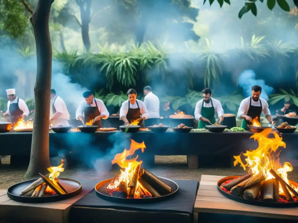 Festival gastronómico en Uruguay: sabores y naturaleza Un festival gastronómico vibrante en Uruguay, con chefs preparando platos tradicionales entre la naturaleza exuberante