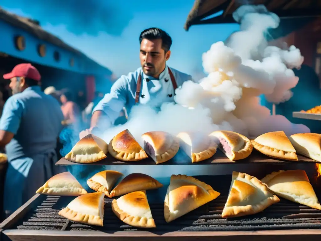 Delicias uruguayas: Festival gastronómico al aire libre Un festival gastronómico vibrante en Uruguay, con chefs expertos cocinando a la parrilla bajo el cielo azul