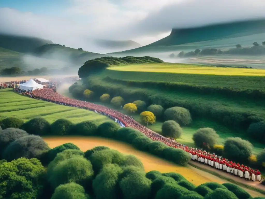 Espectacular festival de Gauchos en Uruguay: música, baile y tradición Festival tradicional de gauchos en Uruguay, músicos, bailarines, multitud, biodiversidad