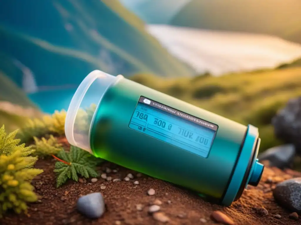 Filtro de agua portátil: purificación cristalina en la naturaleza Filtración de agua para acampar: Agua purificada fluye de un filtro ultradetallado a una cantimplora en un entorno natural soleado y prístino