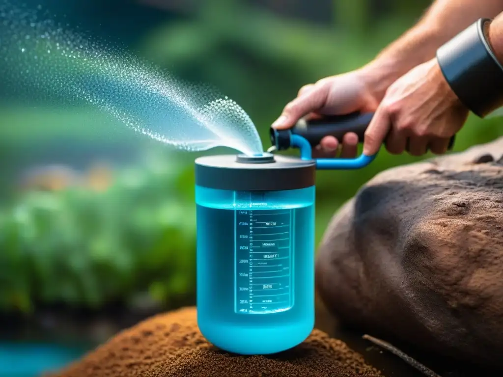 Avanzado sistema de filtración purifica agua en detalle Filtración de agua para camping: Detalle de sistema hightech purificando agua, con gotas brillantes emergiendo al sol