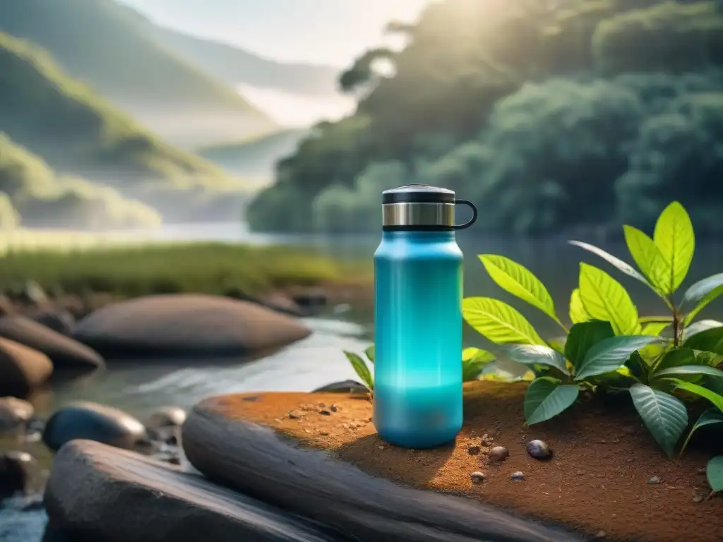 Filtro de agua portátil en acción en Uruguay Camper usando filtro de agua en la exuberante naturaleza de Uruguay, garantizando agua segura en campamentos al aire libre