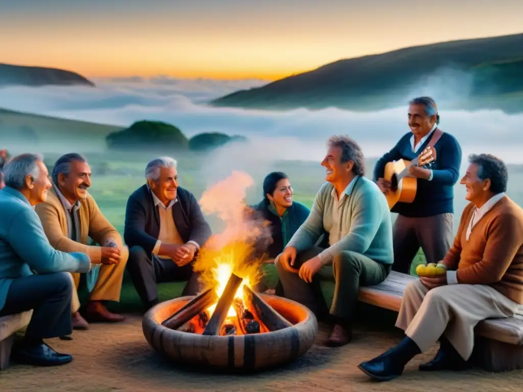 Fogata uruguaya: comunidad y calidez en la noche estrellada Una fogata tradicional uruguaya reúne a diversos individuos alrededor del fuego en una noche estrellada