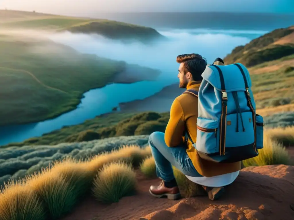 Explorando la belleza natural de Uruguay: Fotógrafo en acción Fotógrafo ajustando accesorios de fotografía en campismo en Uruguay