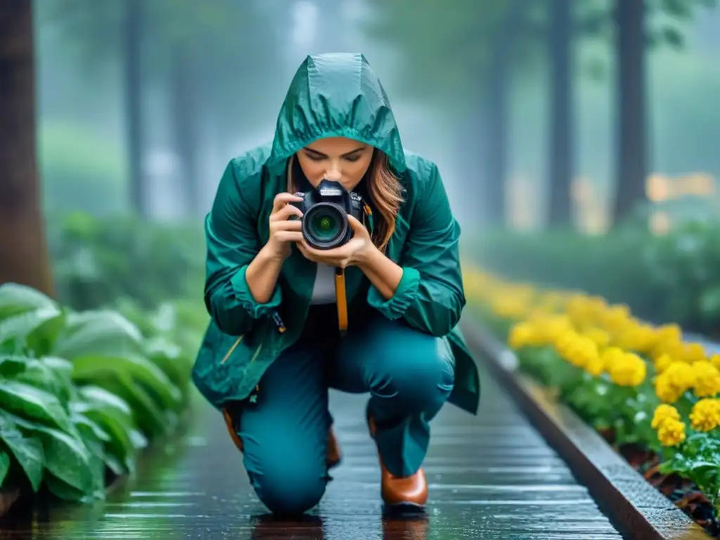 Captura épica: fotógrafo profesional en acción bajo la lluvia Fotógrafo ajustando cámara bajo la lluvia con cuidado