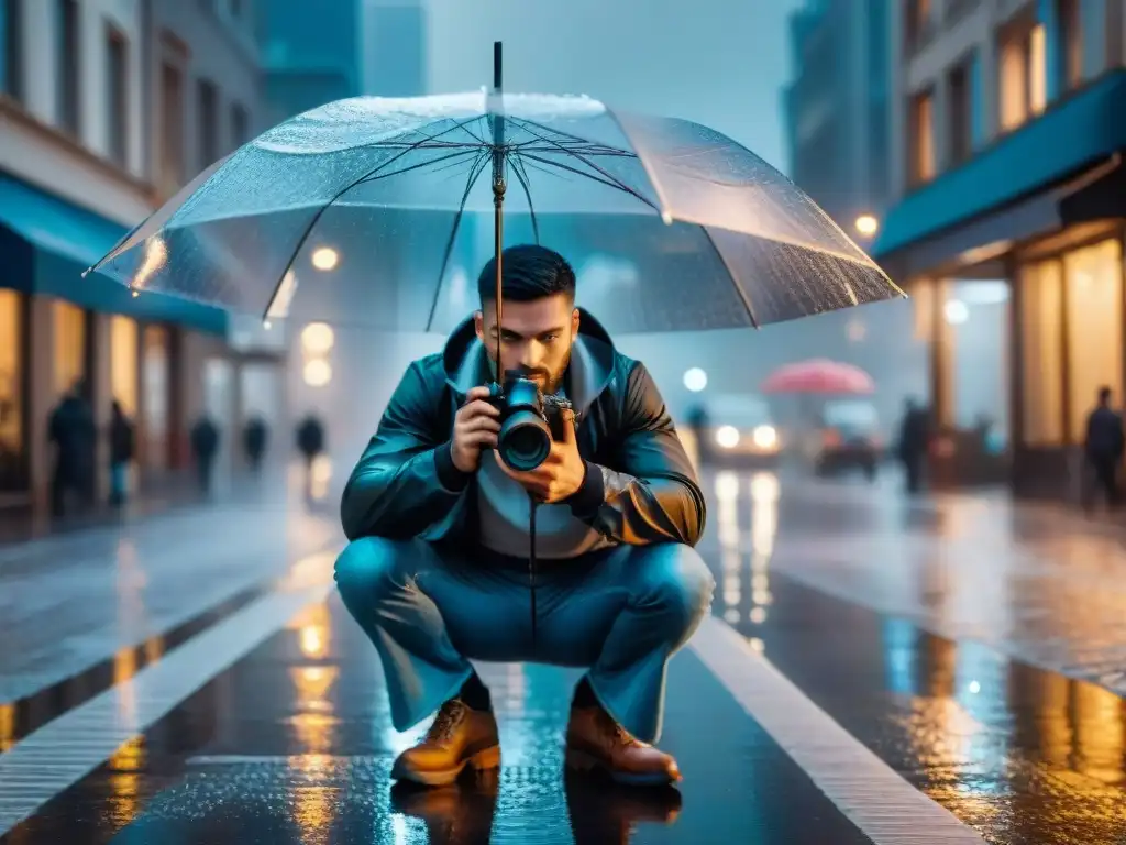 Captura épica de fotógrafo profesional bajo la lluvia Fotógrafo profesional capturando la ciudad bajo la lluvia con equipo protegido