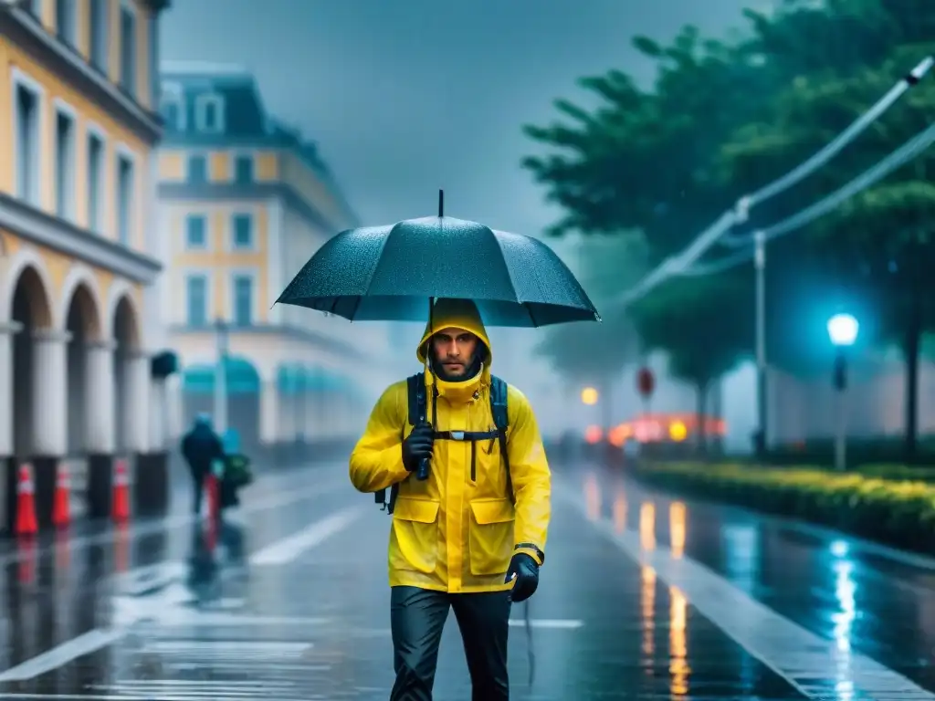 Fotógrafo profesional capturando la tormenta con maestría Fotógrafo profesional capturando imágenes bajo la lluvia, protegiendo su cámara con destreza
