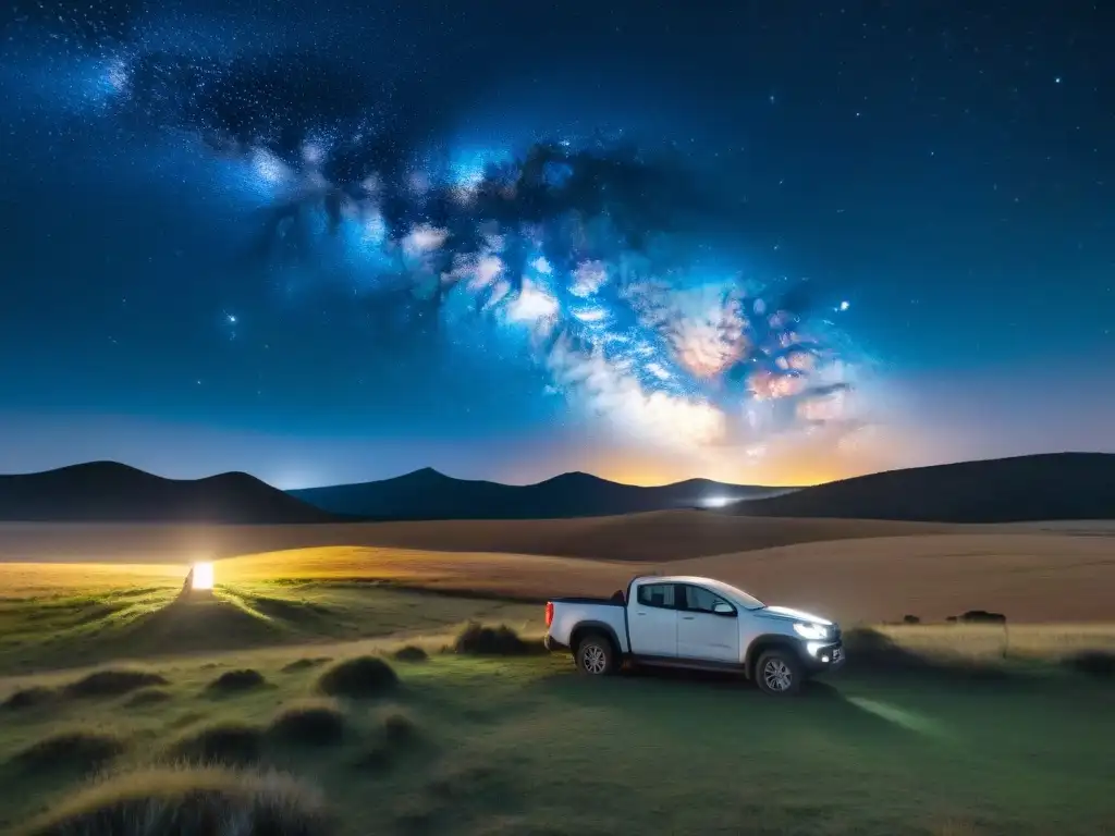 Foto nocturna: Fotógrafo solitario captura la Vía Láctea en Uruguay Un fotógrafo solitario preparando su equipo bajo el cielo estrellado en el campo de Uruguay