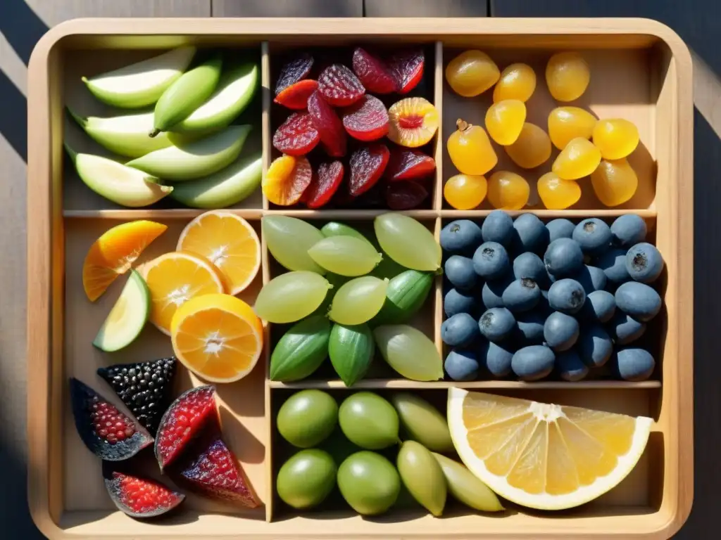 Sabores secos al sol: frutas y verduras deshidratadas Diversas frutas y verduras deshidratadas en bandejas de madera al sol, resaltando la belleza de deshidratar alimentos para camping