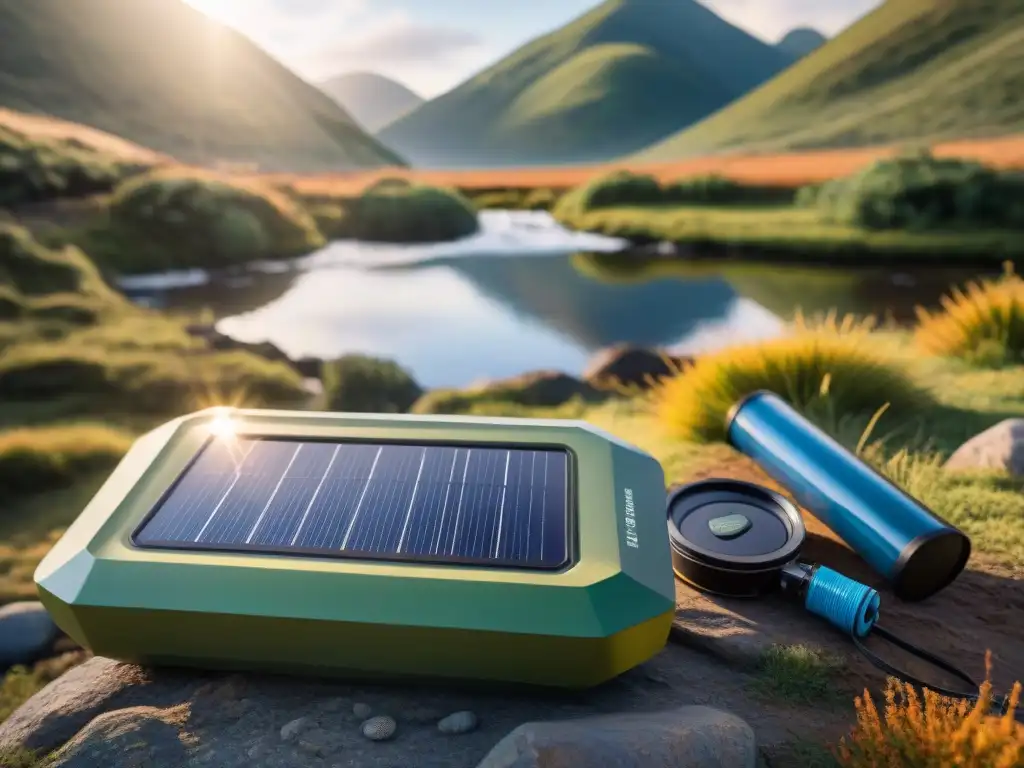 Purificador de agua solar en acción en campamento en Uruguay Gadget de alta tecnología purificando agua en un campamento en Uruguay al atardecer
