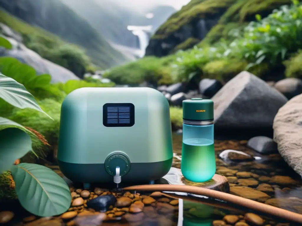 Purificador de agua solar en acción junto a arroyo de montaña Gadgets de supervivencia para camping: purificador de agua solar en acción junto a un arroyo de montaña cristalino rodeado de vegetación exuberante