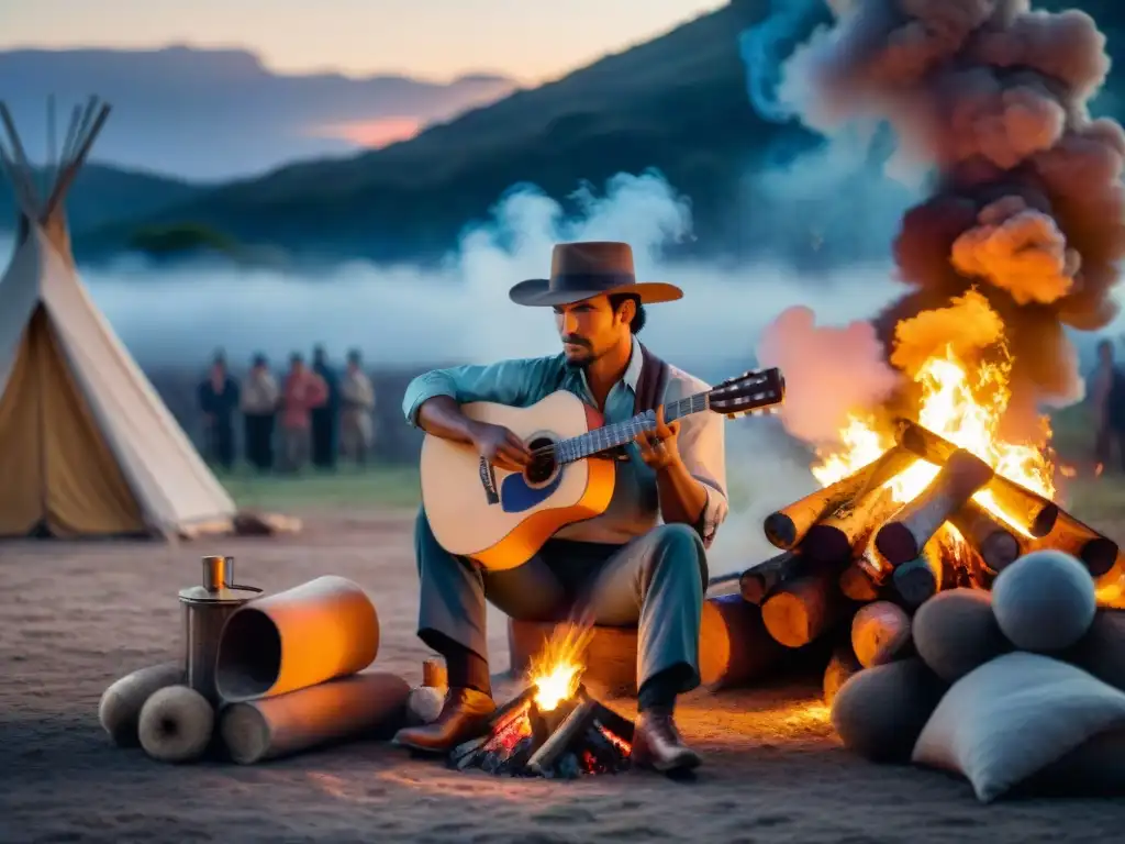 Gaucho tocando guitarra alrededor de la fogata al atardecer Gaucho tocando guitarra en fogata con campistas disfrutando mate al atardecer en Uruguay durante un viaje de camping