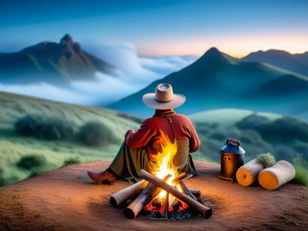 Escena mágica: gaucho uruguayo junto a fogata bajo cielo estrellado Un gaucho tradicional uruguayo junto a una fogata bajo el cielo estrellado, rodeado de colinas y flora nativa