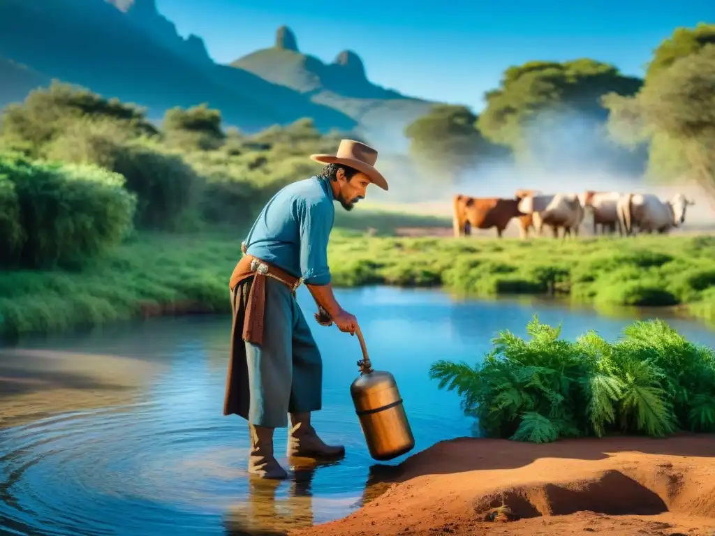Gaucho uruguayo purificando agua con filtro artesanal Un gaucho uruguayo purifica agua con técnicas tradicionales en la naturaleza