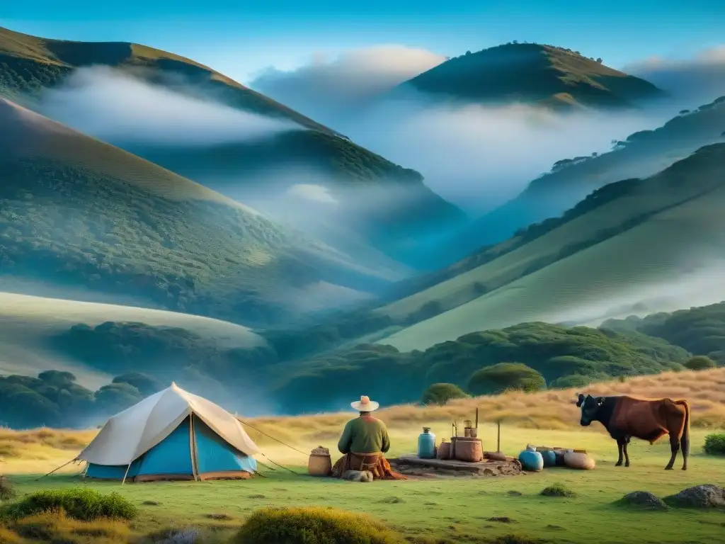 Gaucho uruguayo armando campamento en paisaje rural Un gaucho uruguayo monta un campamento en un paisaje campestre