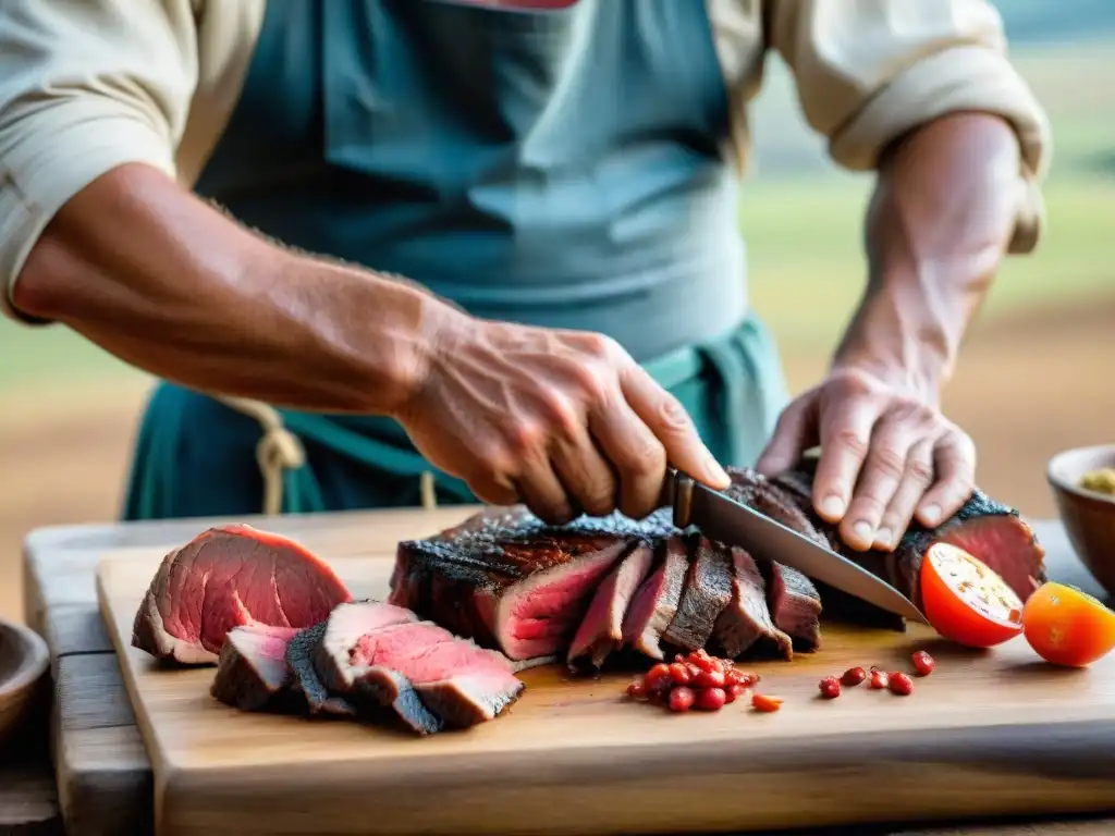 Maestro gaucho cortando carne: destreza y tradición Un gaucho uruguayo cortando carne para deshidratar, demostrando su destreza