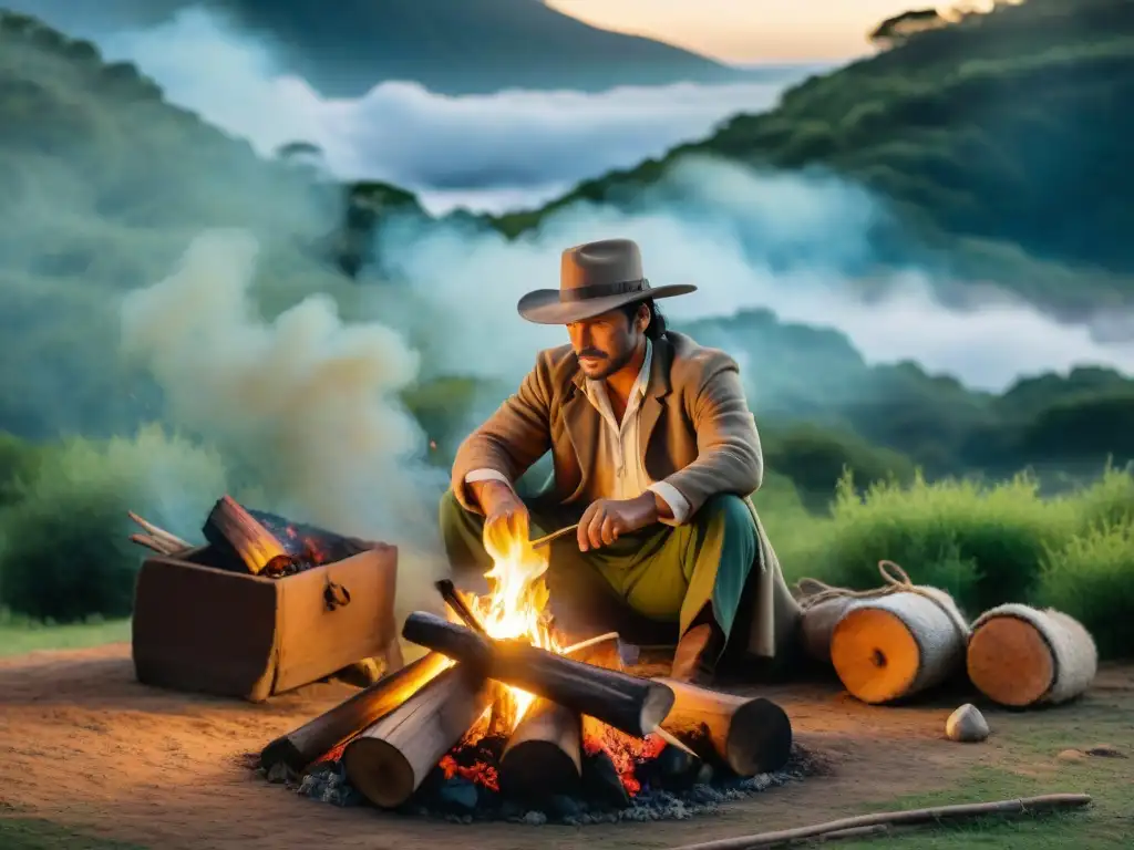 Gauch o uruguayo encendiendo fogata en bosque Un gaucho uruguayo prepara fogata en un bosque de área conservación