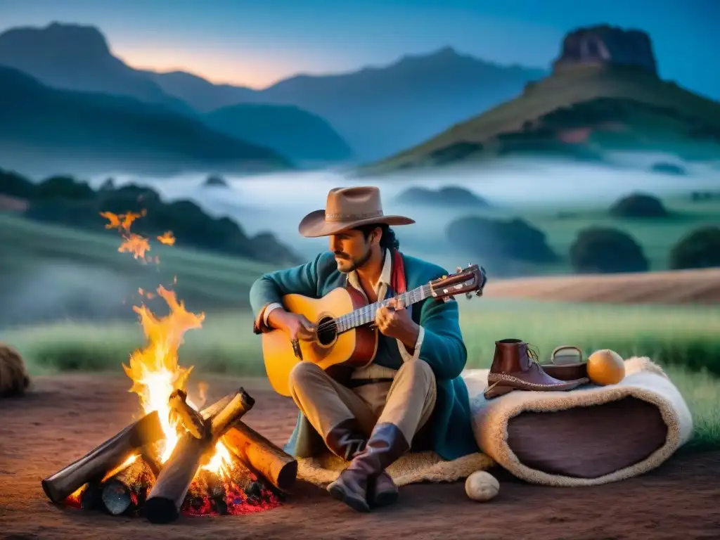 Gaucho uruguayo tocando guitarra junto al fogón bajo las estrellas Un gaucho uruguayo toca la guitarra junto al fuego en la noche, rodeado de naturaleza y ganado