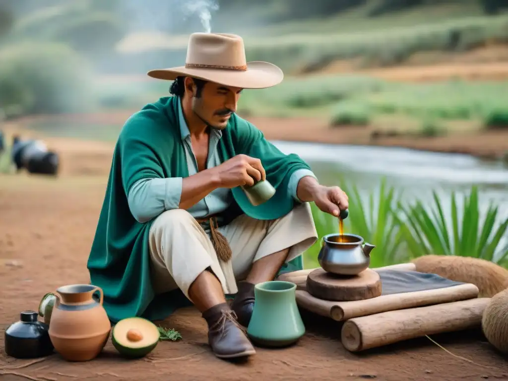El gaucho uruguayo preparando mate junto al arroyo Un gaucho uruguayo prepara mate junto a un arroyo en un campamento verde exuberante