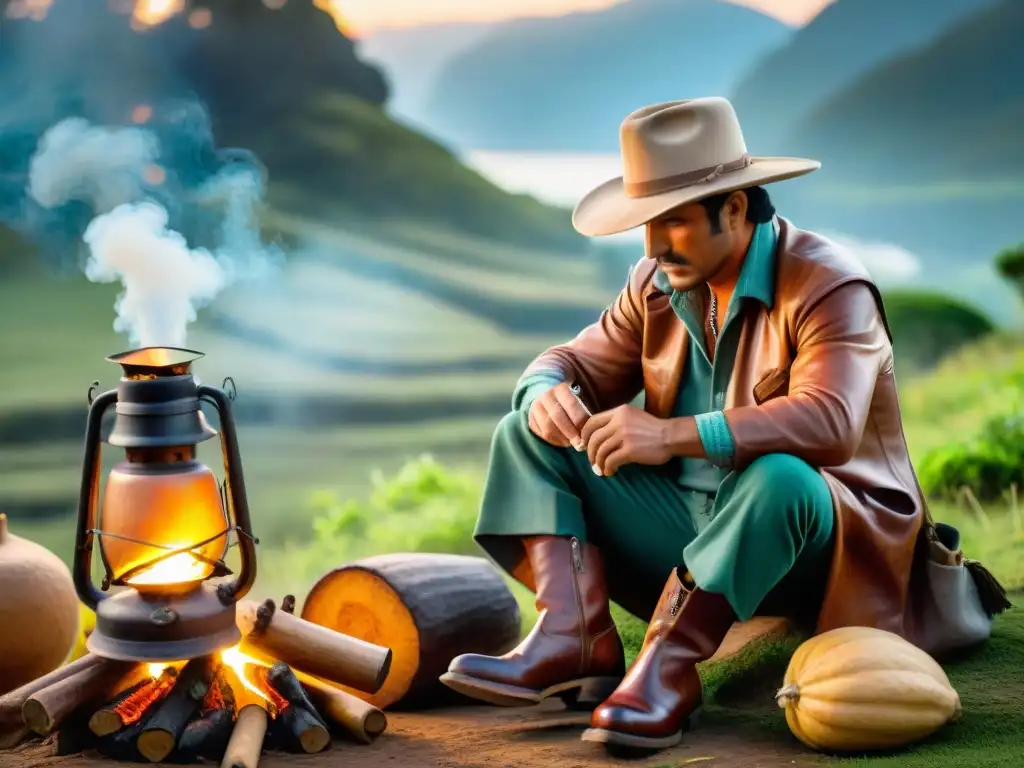 Encanto gaucho: mate al amanecer en Uruguay Un gaucho uruguayo preparando mate en un campamento rústico al amanecer