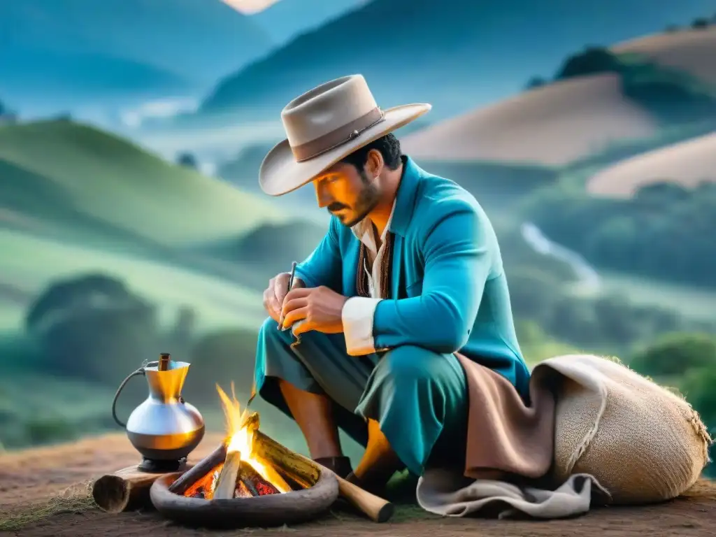 Gaucho uruguayo disfrutando mate en paisaje verde Gaucho uruguayo preparando mate en paisaje verde con minimización residuos camping tradiciones Uruguay