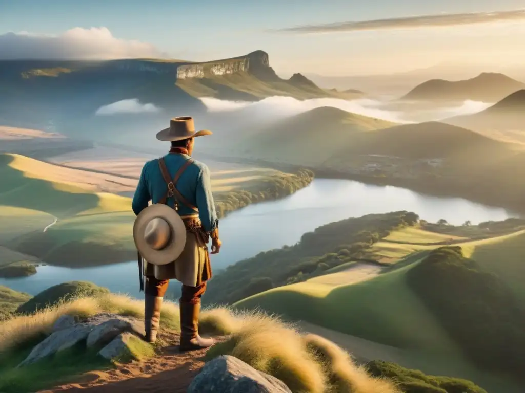 Gaucho uruguayo: navegación ancestral sin brújula Un gaucho uruguayo usando técnicas ancestrales de orientación en el campo, bajo el cálido sol del atardecer