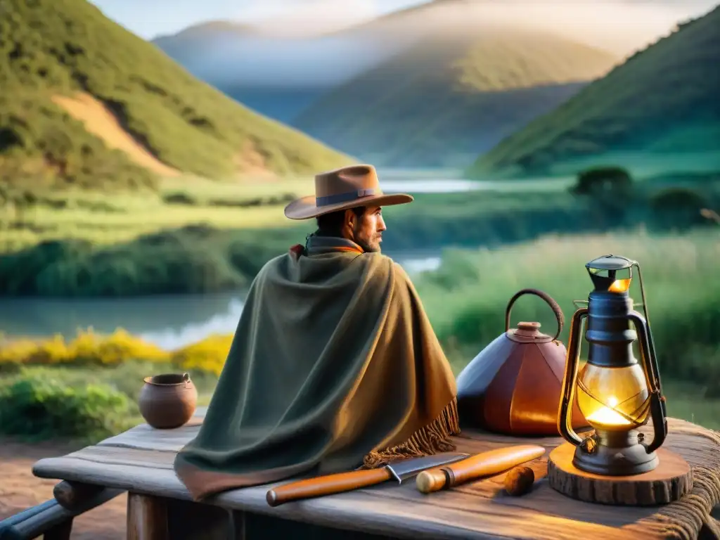 Campamento gauchesco junto al río: tradición y naturaleza en Uruguay Un gaucho uruguayo tradicional montando un campamento junto a un río, usando técnicas de camping tradicionales Uruguay