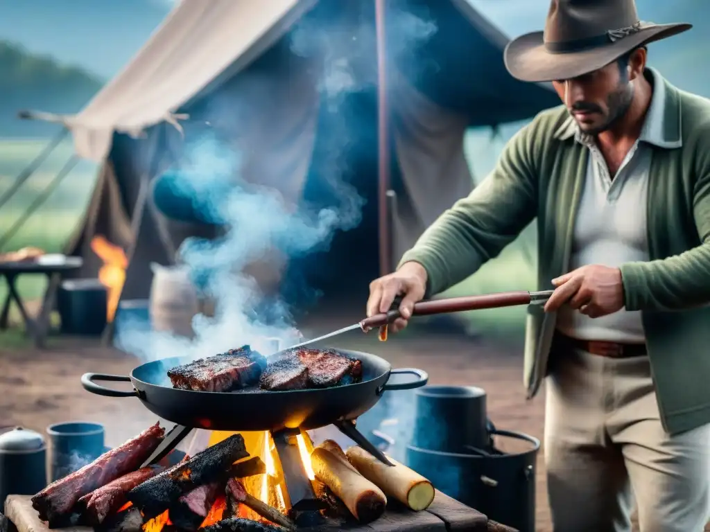 Gauchos preparando un asado tradicional en Uruguay Gauchos preparando un asado uruguayo en el campo con equipo de camping, reflejando la tradición culinaria y natural de Uruguay