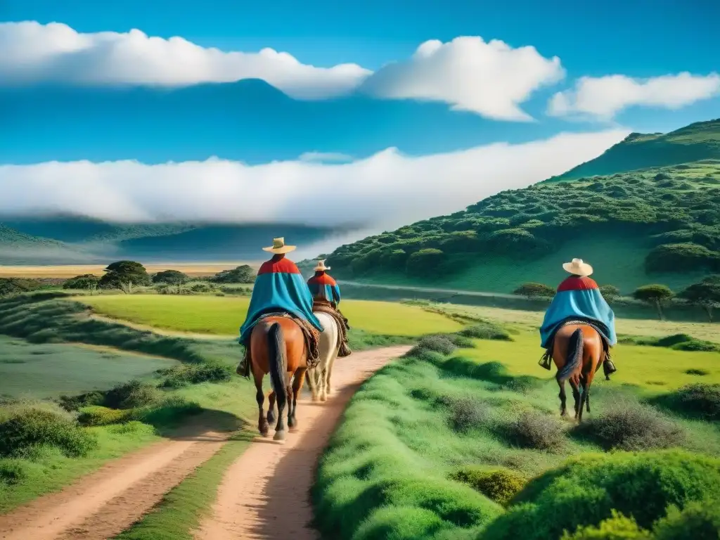 Gauchos uruguayos: tradición y aventura en paisajes verdes Gauchos montando a caballo en paisajes verdes de Uruguay, con ponchos y sombreros, bajo cielo azul